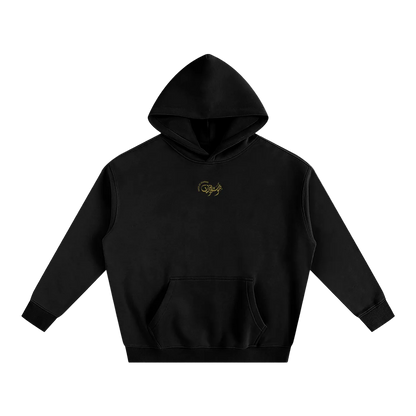 Black Fairuz Beirut Mornings hoodie, front view with minimalist Sawt Al-Zaman Arabic calligraphy chest logo.