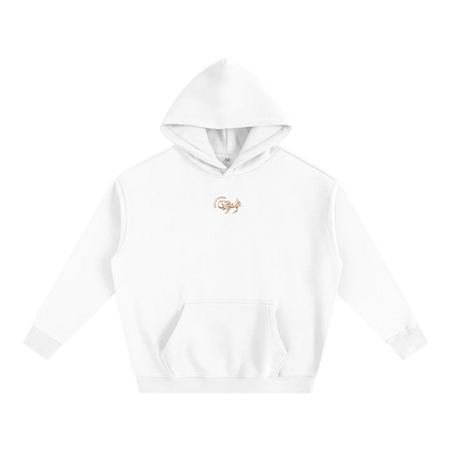White Fairuz Beirut Mornings hoodie, front view with minimalist Sawt Al-Zaman Arabic calligraphy chest logo.