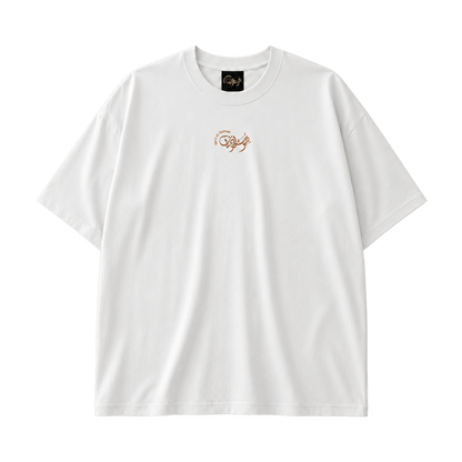 White Fairuz Beirut Mornings T-shirt, front view with Sawt Al-Zaman Arabic calligraphy logo.