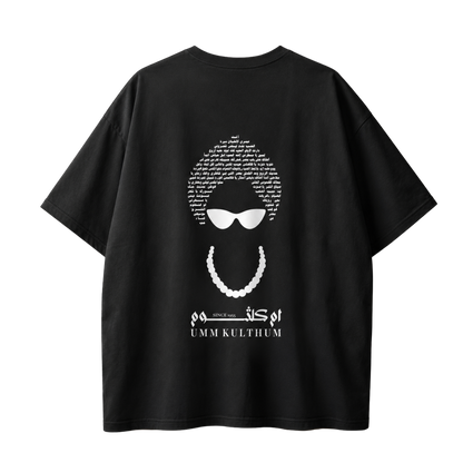 Black Umm Kulthum El Sett T-shirt, back view with Arabic song-title typography and classic portrait artwork.