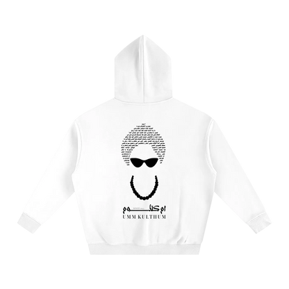 White Umm Kulthum El Sett hoodie, back view with portrait and Arabic typography honoring the Egyptian music icon.